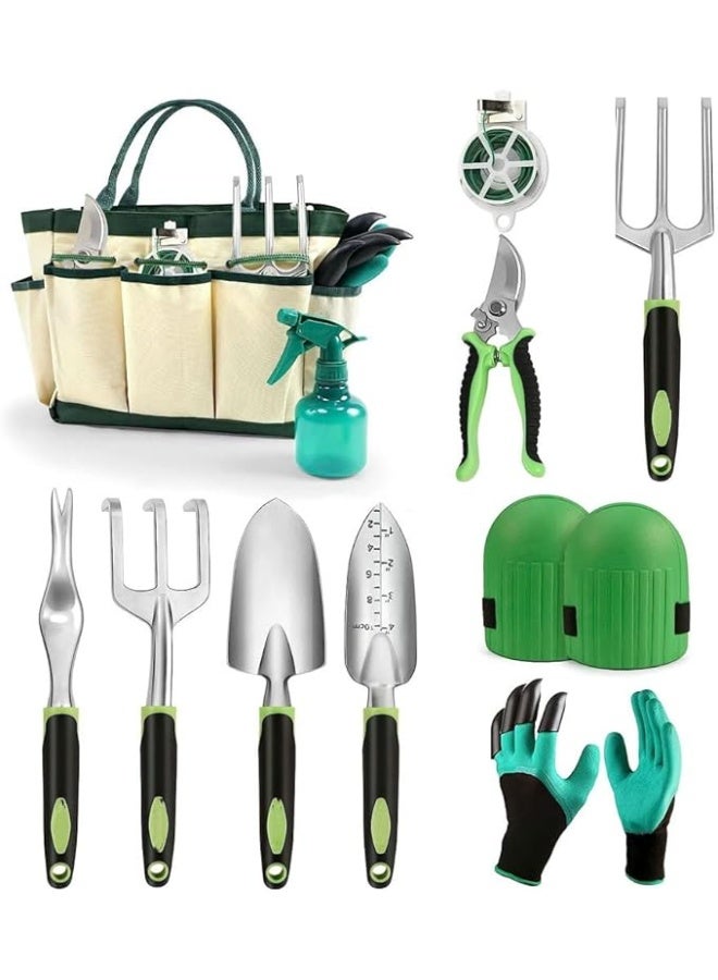HOOTO 10PCS Garden Tool Set, Heavy Duty Aluminum Alloy Gardening Tool with Ergonomic Handle, Garden Tote Bag, Gardening Hand Tools, Gardening Gifts for Women and Men Green - Image 1