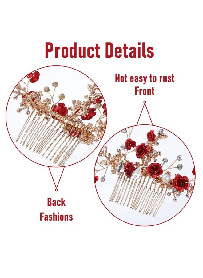 MBAIYO Red Flower Hair Comb, Gold Rose Crystal Bridal Hair Side Comb Vintage Floral Rhinestone Rose Side Comb Crystal Emerald Headpiece Wedding Sparkly Hair Accessory for Women - Image 2