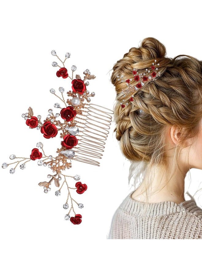 MBAIYO Red Flower Hair Comb, Gold Rose Crystal Bridal Hair Side Comb Vintage Floral Rhinestone Rose Side Comb Crystal Emerald Headpiece Wedding Sparkly Hair Accessory for Women - Image 1