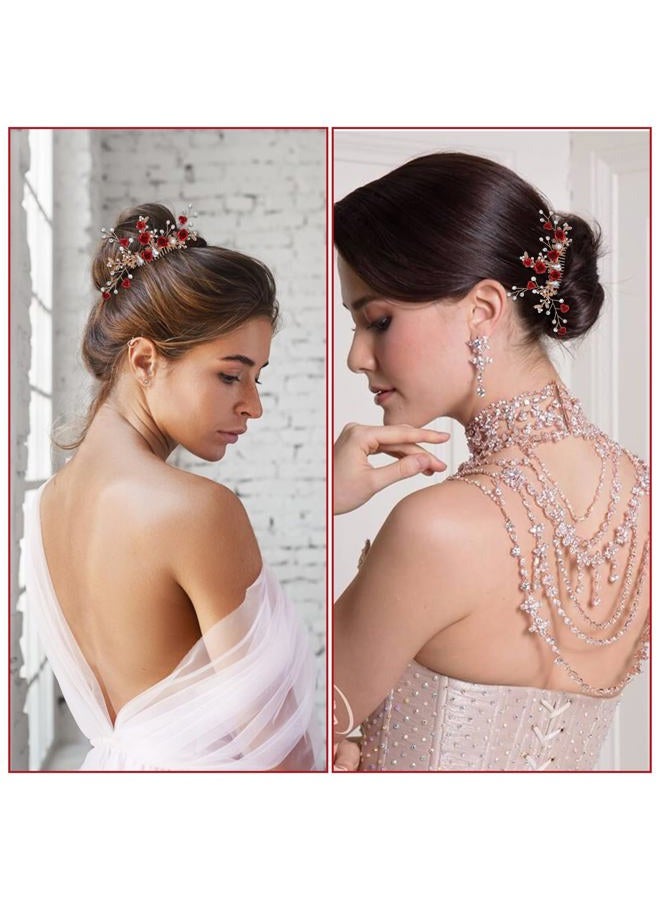 MBAIYO Red Flower Hair Comb, Gold Rose Crystal Bridal Hair Side Comb Vintage Floral Rhinestone Rose Side Comb Crystal Emerald Headpiece Wedding Sparkly Hair Accessory for Women - Image 4