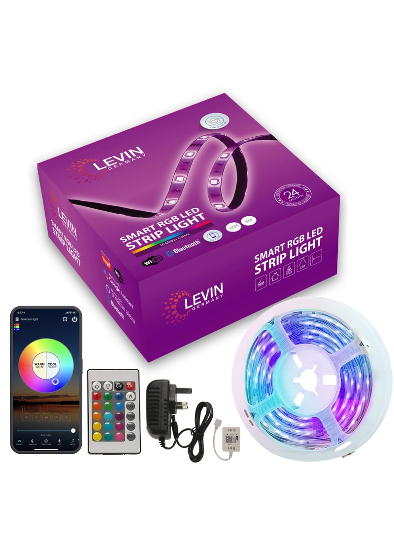 Levin Germany شريط إضاءة LED ذكي RGB من  - 16 مليون لون، مزامنة الموسيقى، تطبيق وتحكم عن بعد، RGBW، قابل للتعتيم، يعمل مع Alexa وGoogle Assistant، ضمان لمدة عامين  - Image 1