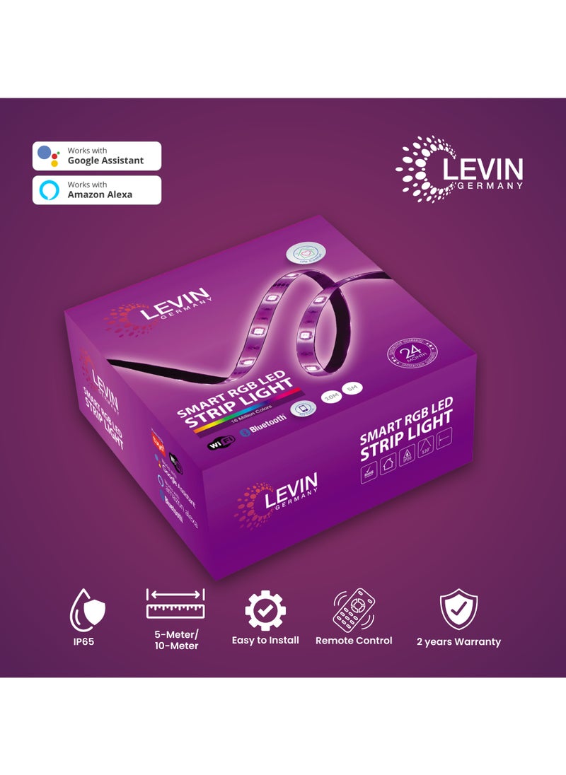 Levin Germany شريط إضاءة LED ذكي RGB من  - 16 مليون لون، مزامنة الموسيقى، تطبيق وتحكم عن بعد، RGBW، قابل للتعتيم، يعمل مع Alexa وGoogle Assistant، ضمان لمدة عامين  - Image 3