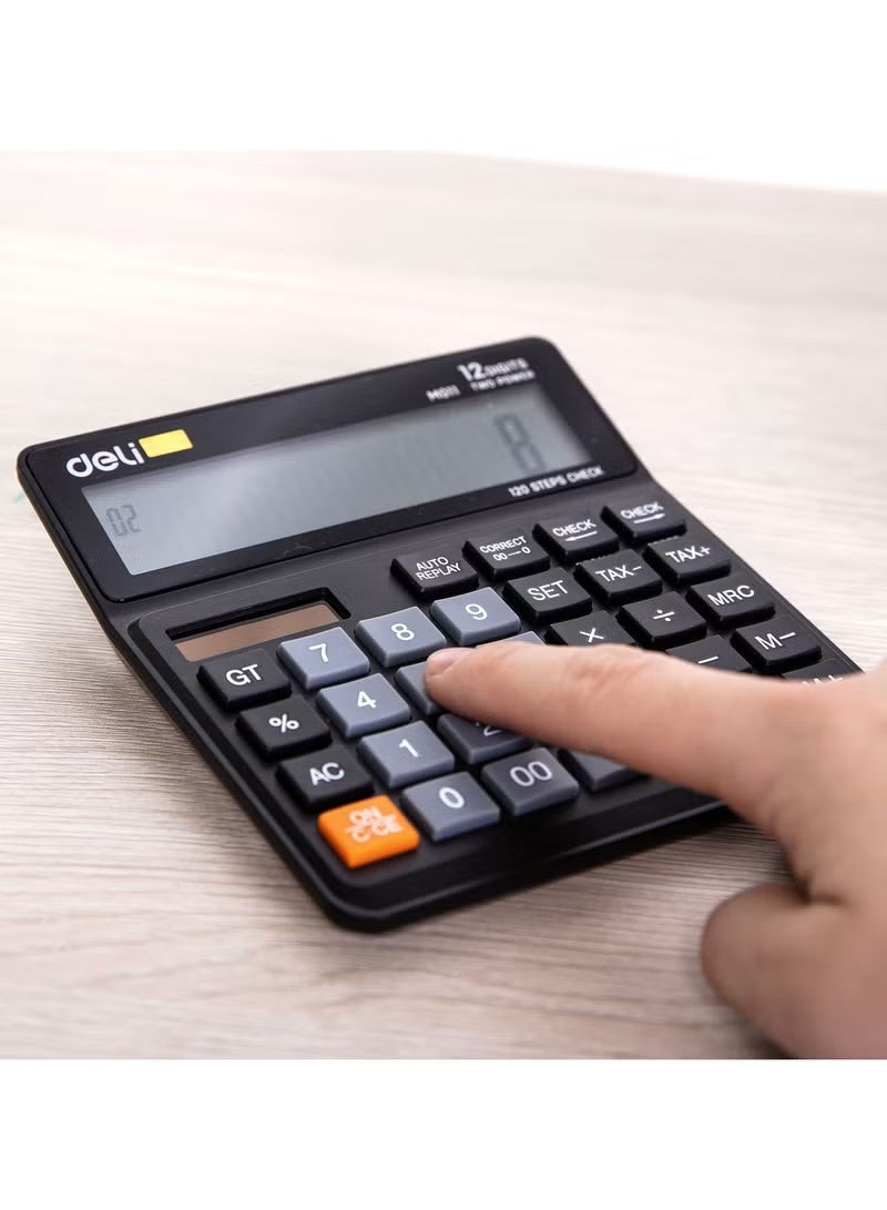 Deli EM01120 Calculator - Plastic 12 Digits - Black - Wide Panel - Image 1