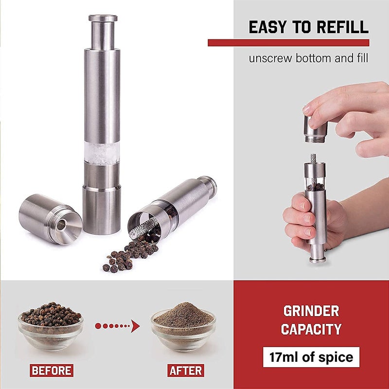 ZEVON Stainless Steel Thumb Presser Salt and Pepper Grinder Tall Salt and Pepper Mill Shakers with Adjustable Coarseness Pack of 1Silver Color - Image 4