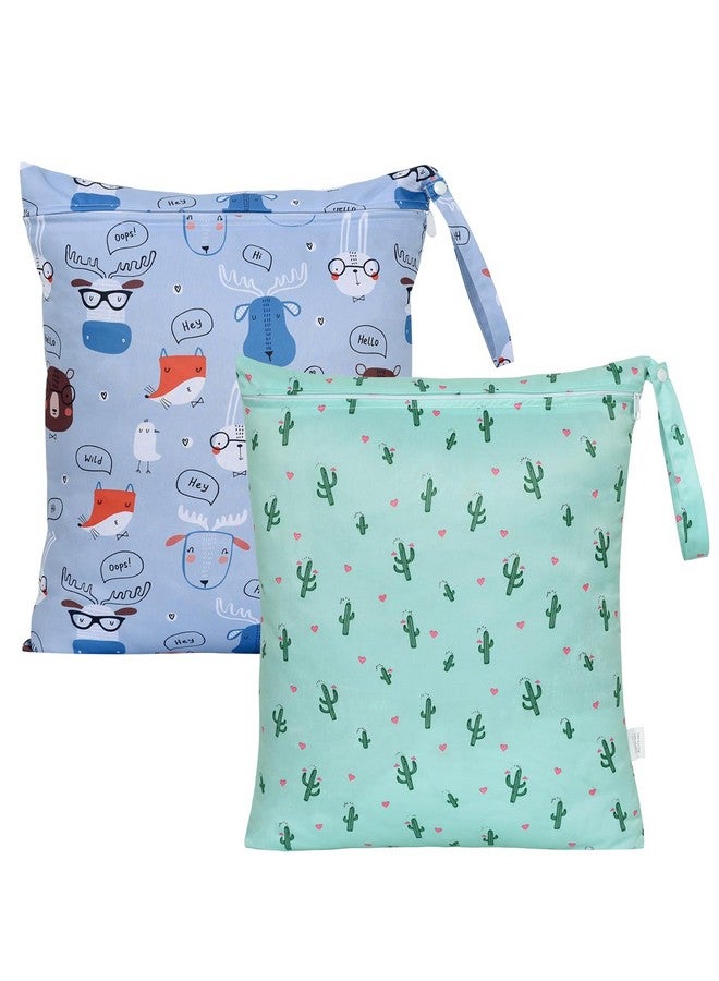 OTraki 2Pcs Wet Bags with Zippered & Handle, 16 x 20 inch Waterproof Wet Dry Bag Reusable for Swimsuit Travel Beach Pool Gym, Dirty Cloths Daycare Organizer (Animal &Cactus Pattern) - Image 1