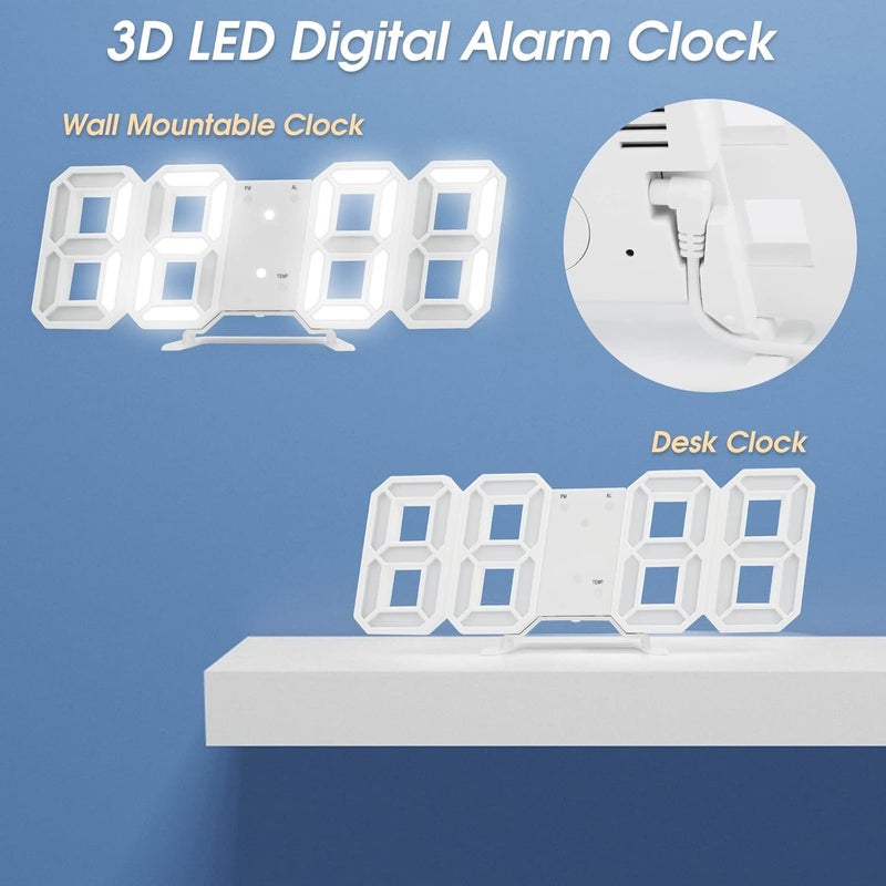 Kueh 3D Digital Alarm Clock,Wall LED Number Time Clock with 3 Auto Adjust Brightness Levels，Modern Night Light LED Electronic Clock Date,Temperature Display (white) - Image 3