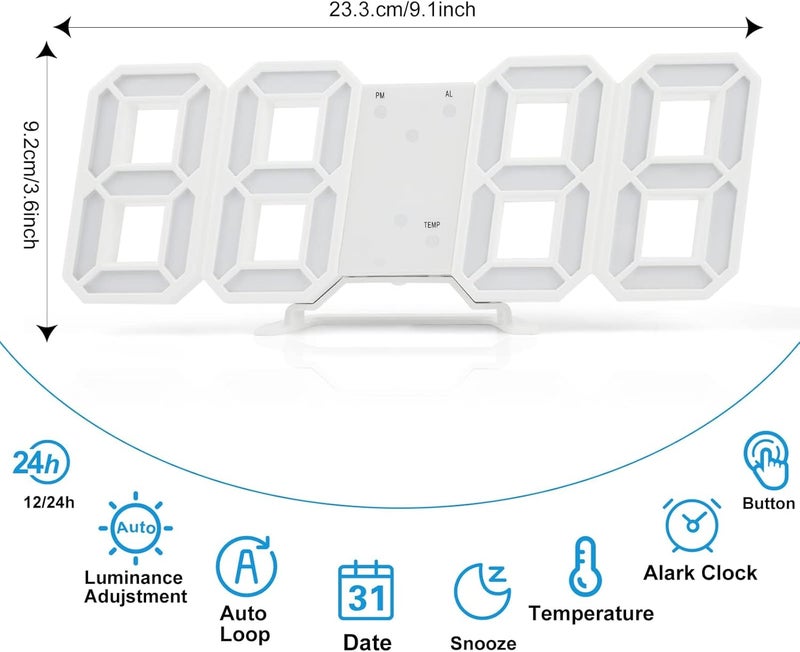 Kueh 3D Digital Alarm Clock,Wall LED Number Time Clock with 3 Auto Adjust Brightness Levels，Modern Night Light LED Electronic Clock Date,Temperature Display (white) - Image 2