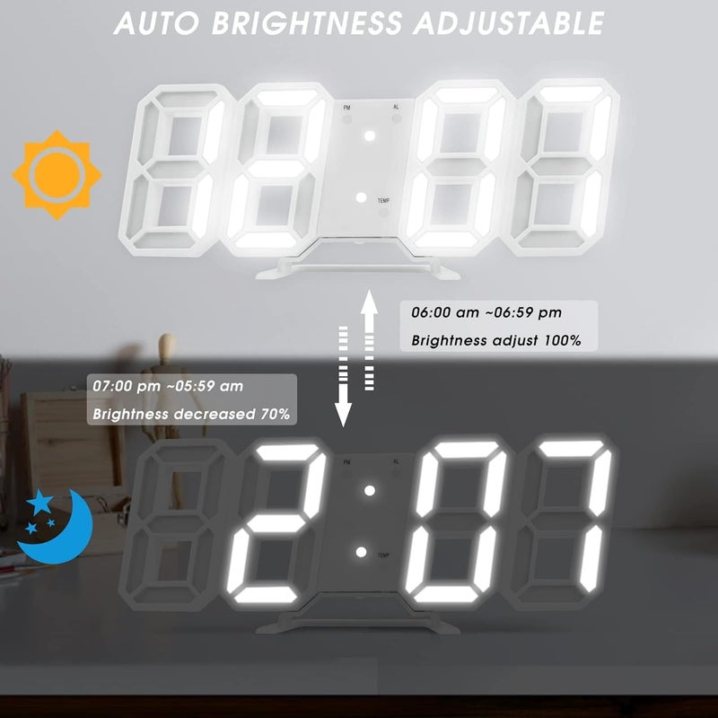 Kueh 3D Digital Alarm Clock,Wall LED Number Time Clock with 3 Auto Adjust Brightness Levels，Modern Night Light LED Electronic Clock Date,Temperature Display (white) - Image 4