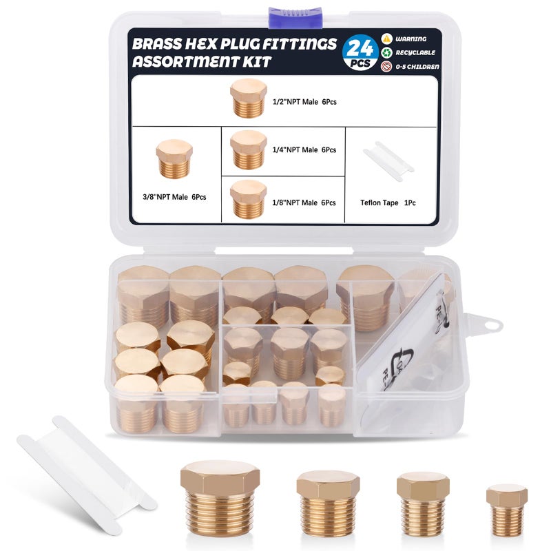 Ailbiuko 24 PCS Brass Hex Pipe Plug Fittings Kits 1/8" 1/4" 3/8" 1/2" NTP Brass Plug Male Threaded - Image 1