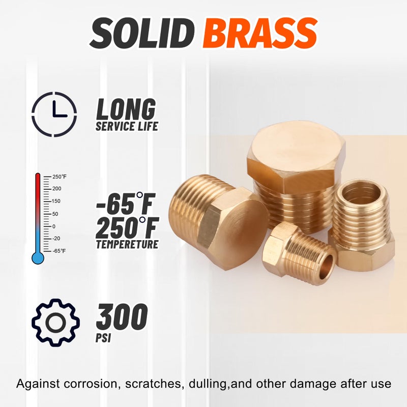 Ailbiuko 24 PCS Brass Hex Pipe Plug Fittings Kits 1/8" 1/4" 3/8" 1/2" NTP Brass Plug Male Threaded - Image 3