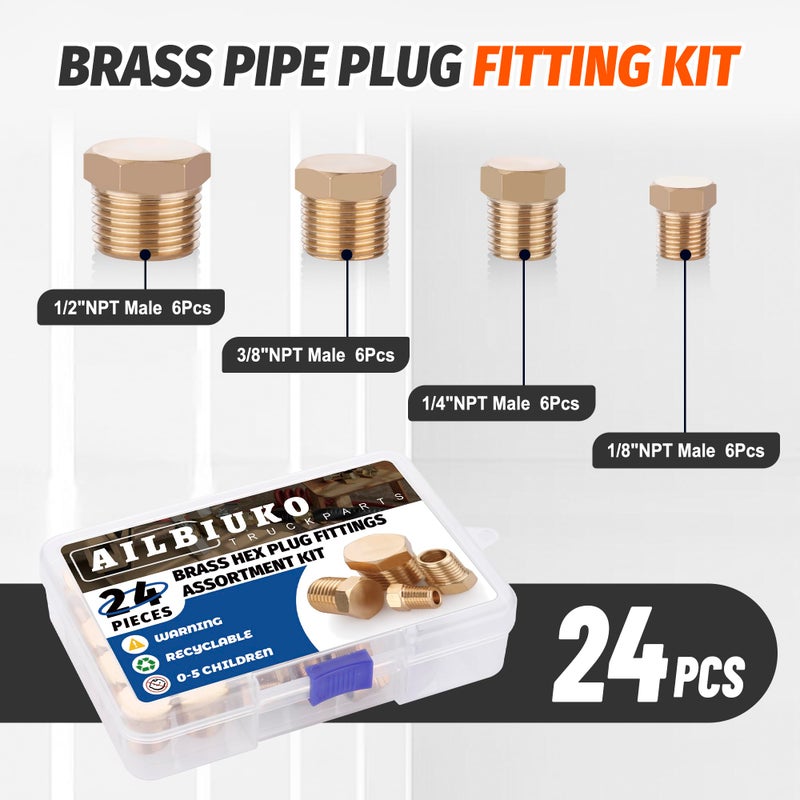 Ailbiuko 24 PCS Brass Hex Pipe Plug Fittings Kits 1/8" 1/4" 3/8" 1/2" NTP Brass Plug Male Threaded - Image 2