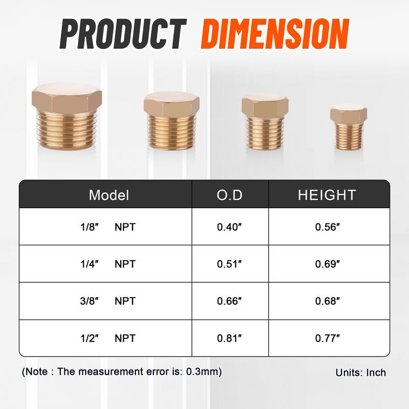 Ailbiuko 24 PCS Brass Hex Pipe Plug Fittings Kits 1/8" 1/4" 3/8" 1/2" NTP Brass Plug Male Threaded - Image 5