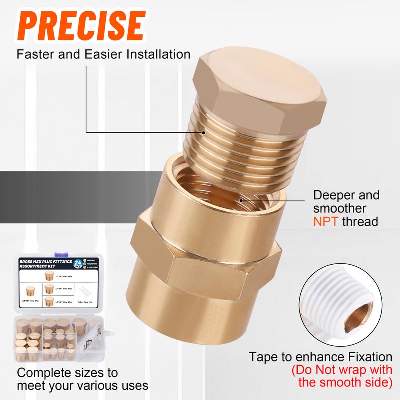 Ailbiuko 24 PCS Brass Hex Pipe Plug Fittings Kits 1/8" 1/4" 3/8" 1/2" NTP Brass Plug Male Threaded - Image 4