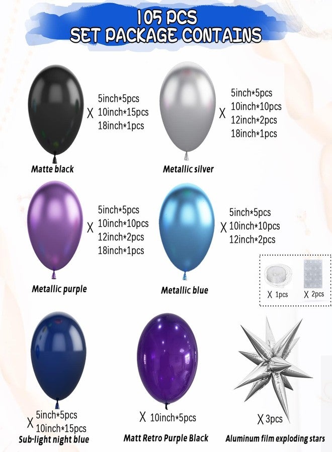 بيابيان طقم قوس البالونات الفضائية، ديكورات عيد ميلاد فضائية، طقم قوس البالونات الأزرق والأرجواني والفضي، بالونات كروم معدنية، نجمة رباعية الأبعاد لحفلات أعياد الميلاد، حفلات استقبال المولود، التخرج - Image 2