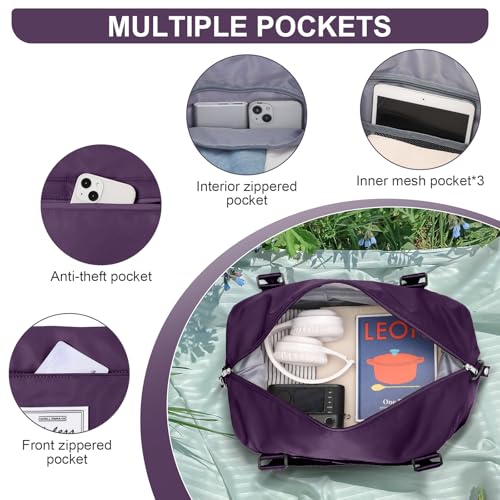 BJLFS Sports Duffel Bags for Women Dark Purple Weekender Travel Totes Bag for Airplane, Cute Sports Gym Dance Bag Overnight Luggage Bag with Wet Pocket, Carry On Hospital Bag for Labor and Delivery - Image 5