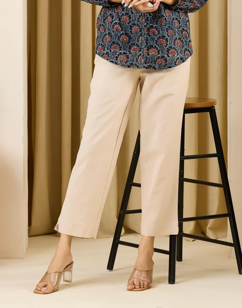 Fabindia  Beige Cotton Linen Casual Tapered Stride Pant for Women | Best Price UAE
