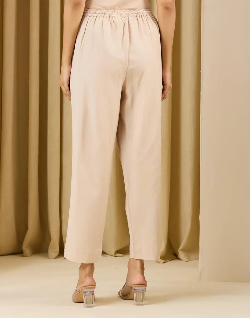 Fabindia  Beige Cotton Linen Casual Tapered Stride Pant for Women | Best Price UAE