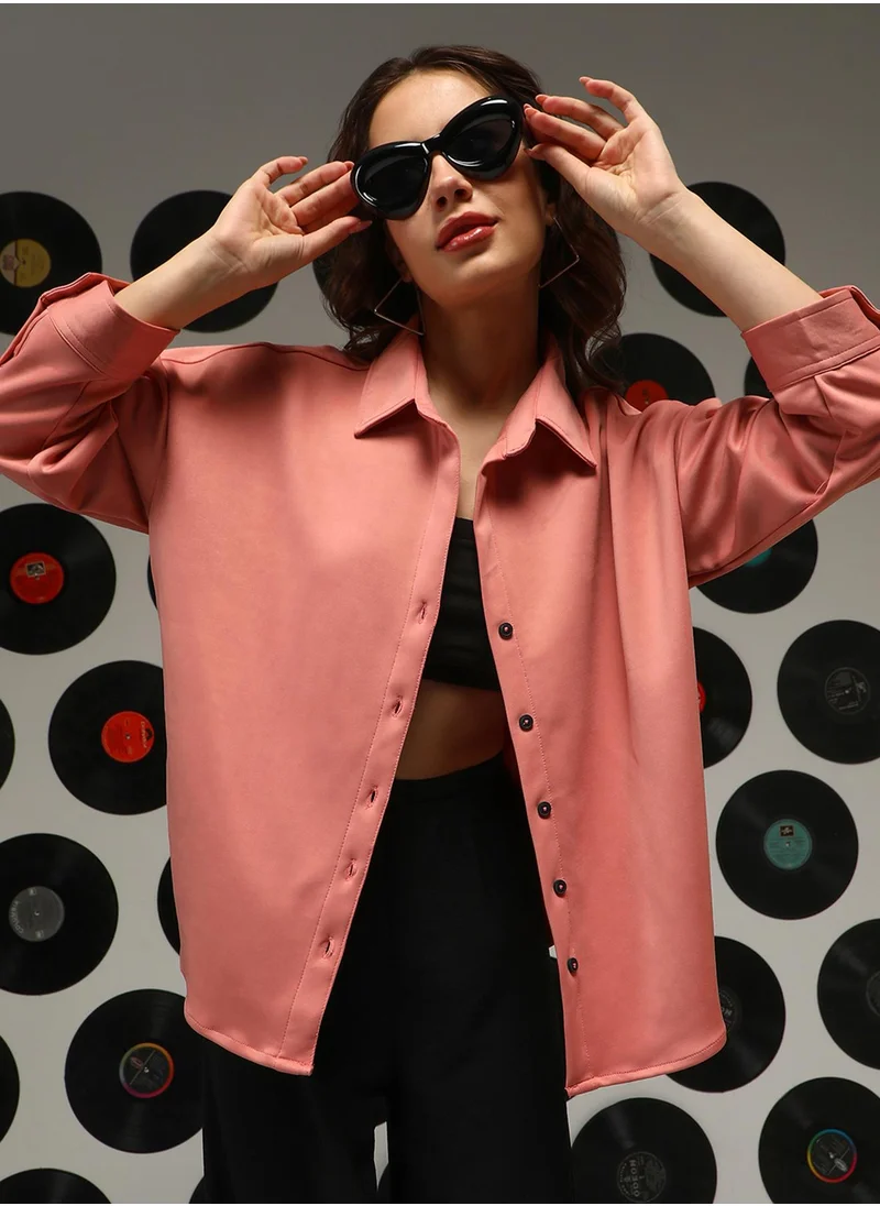 Campus Sutra Women's Salmon Pink Solid Oversized Shirt