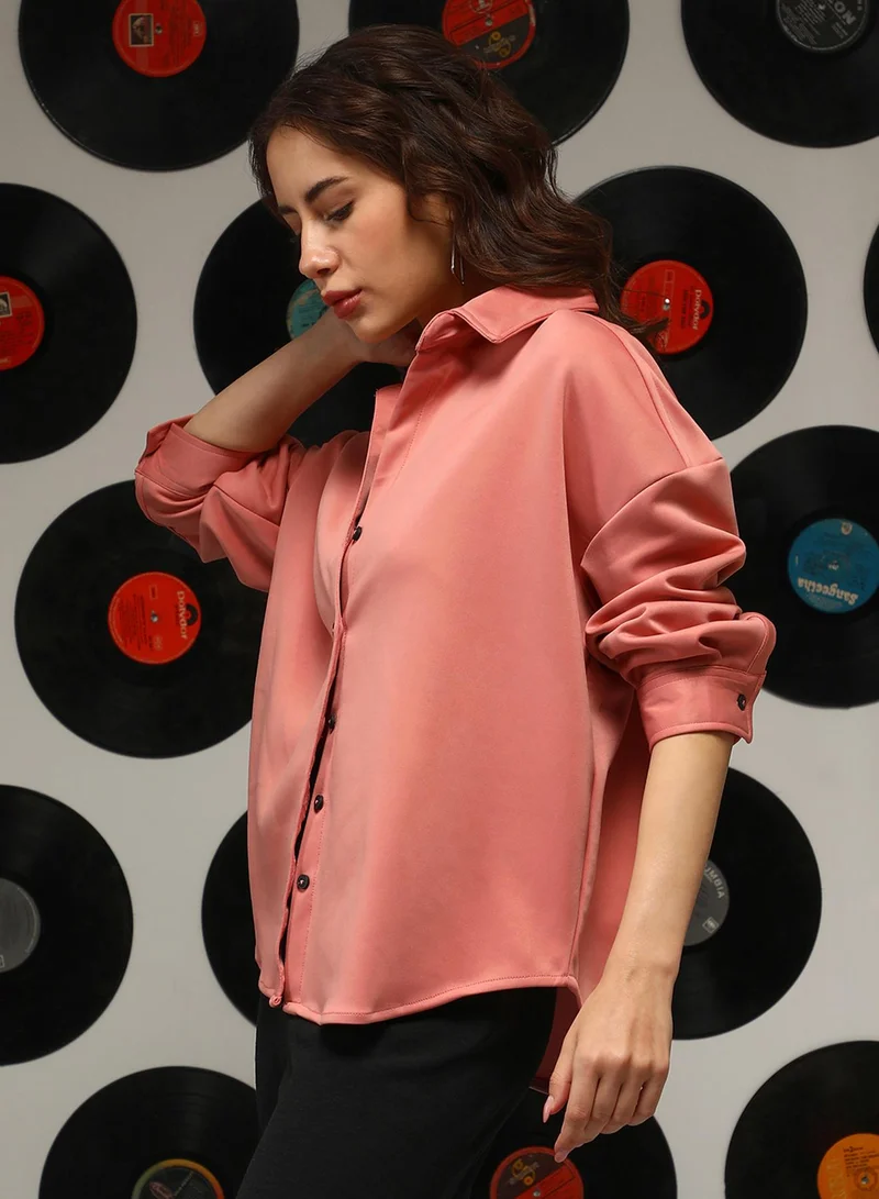 كامبوس سوترا Women's Salmon Pink Solid Oversized Shirt
