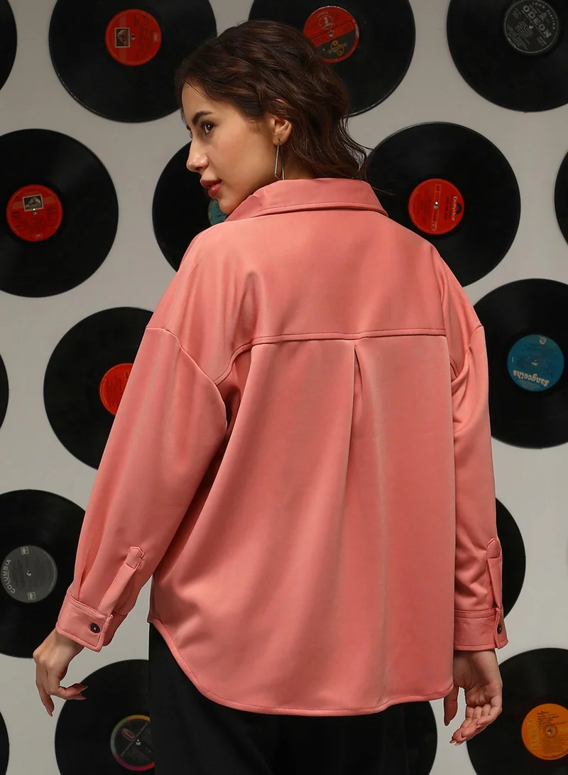 كامبوس سوترا Women's Salmon Pink Solid Oversized Shirt