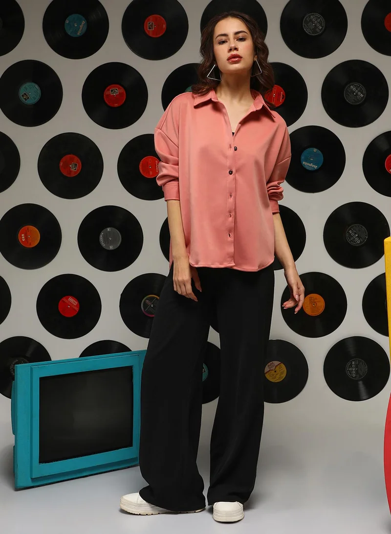 كامبوس سوترا Women's Salmon Pink Solid Oversized Shirt