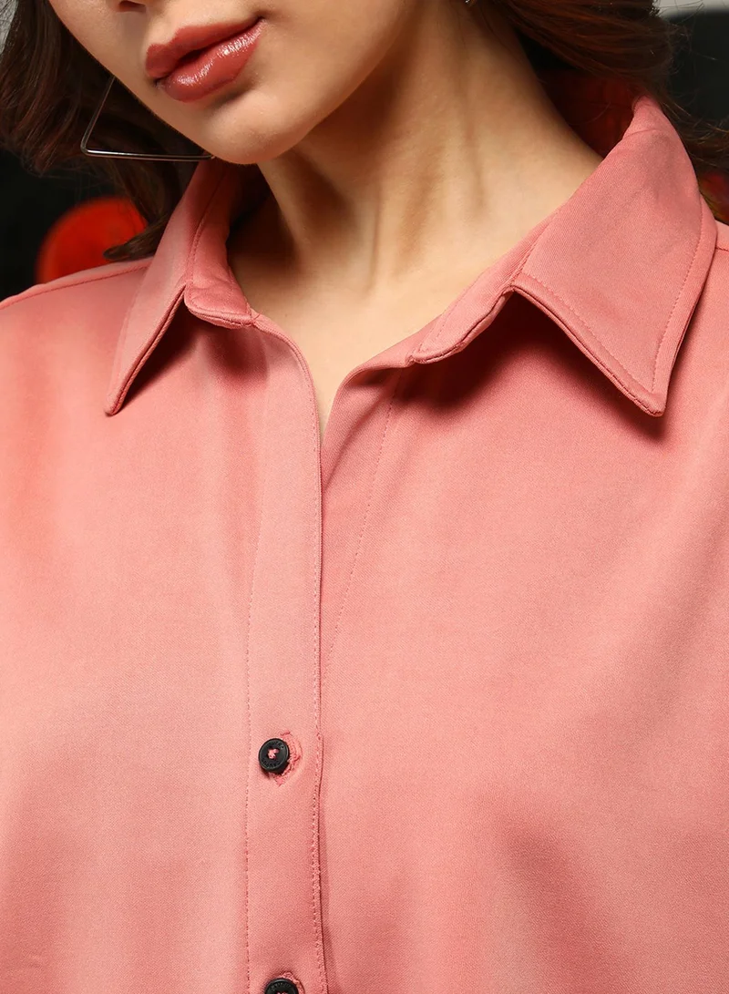 كامبوس سوترا Women's Salmon Pink Solid Oversized Shirt