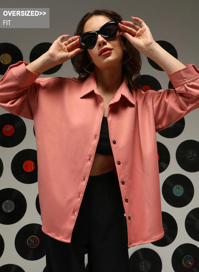 كامبوس سوترا Women's Salmon Pink Solid Oversized Shirt