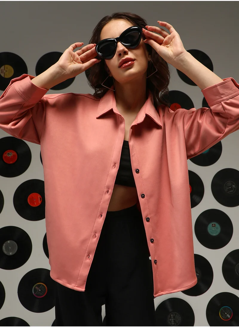 Campus Sutra Women's Salmon Pink Solid Oversized Shirt
