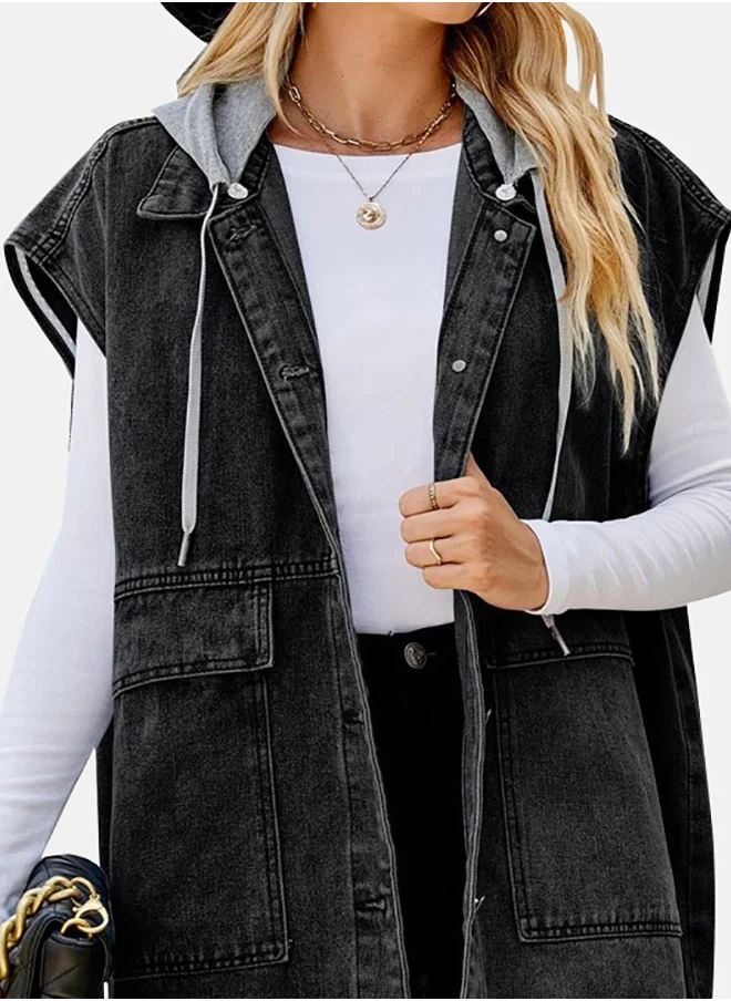 YUNIQEE Black Hooded Sleeveless Denim Jacket