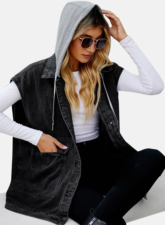 YUNIQEE Black Hooded Sleeveless Denim Jacket