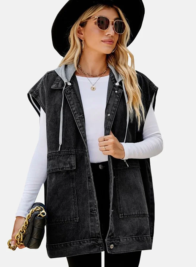 YUNIQEE Black Hooded Sleeveless Denim Jacket