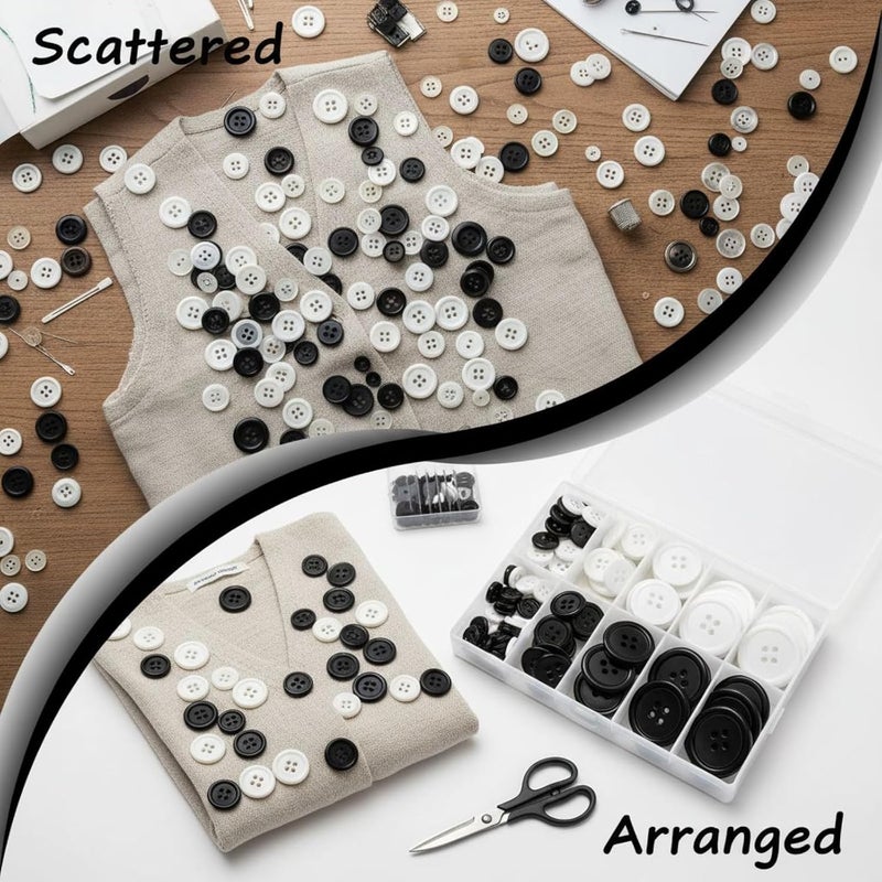 Resin Sewing Buttons, 100 Pcs Black and White Assorted Buttons, 4-Hole Round, for Crafts DIY Coats Sweaters, with Storage Box - Image 4