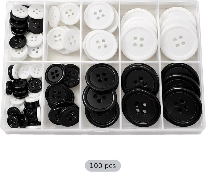 Resin Sewing Buttons, 100 Pcs Black and White Assorted Buttons, 4-Hole Round, for Crafts DIY Coats Sweaters, with Storage Box - Image 5
