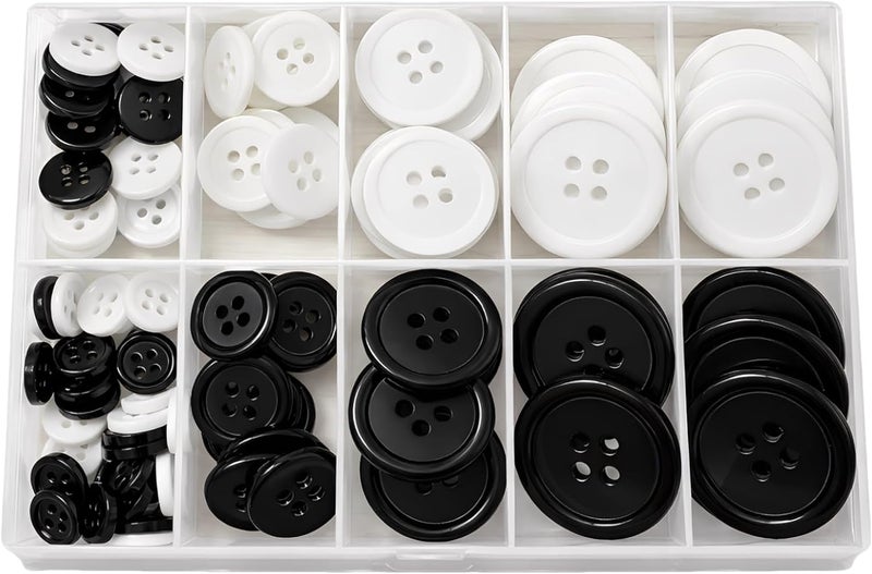 Resin Sewing Buttons, 100 Pcs Black and White Assorted Buttons, 4-Hole Round, for Crafts DIY Coats Sweaters, with Storage Box - Image 1