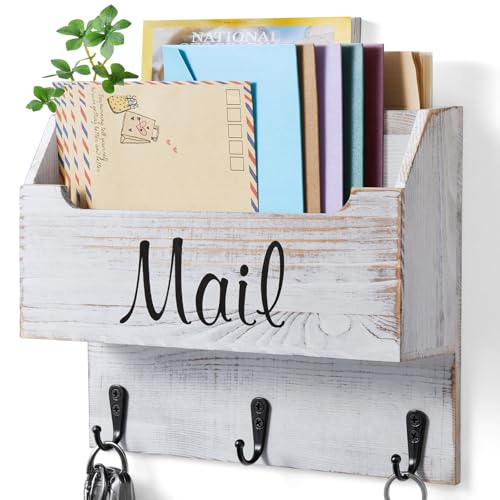 DRASTAR Mail Organizer Wall Mounted Wooden Mail Key Holder for Wall Hanging Mail Organizer Retro White Mail Basket for Home Office - Image 1