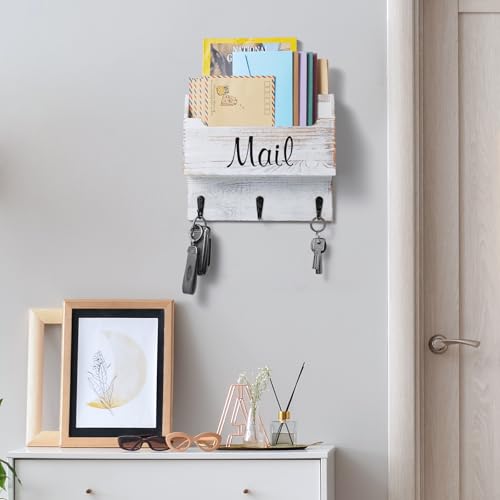 DRASTAR Mail Organizer Wall Mounted Wooden Mail Key Holder for Wall Hanging Mail Organizer Retro White Mail Basket for Home Office - Image 3