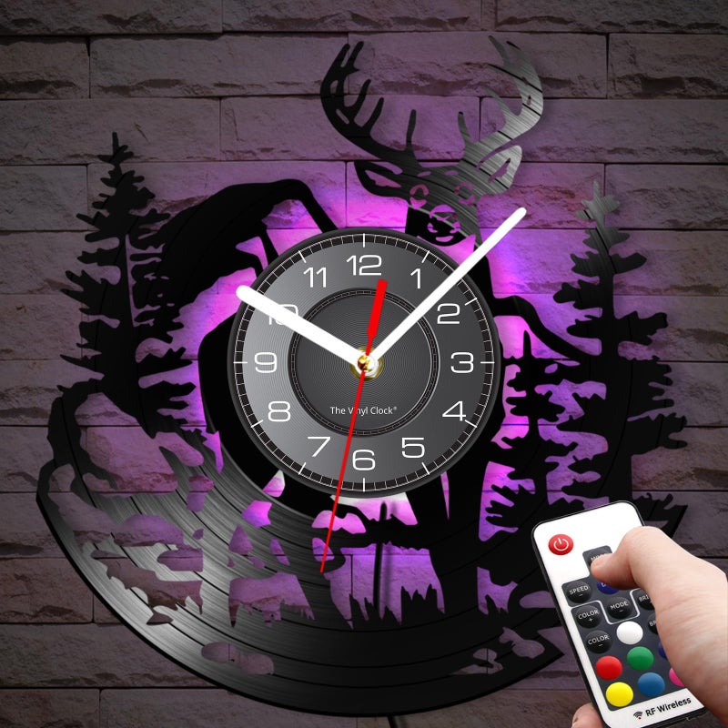 Timethink Cabin Deer Wall Clock with 7 Colors Changing 12 Inch Deer Hunting Clock Silent Battery Operated Forest Wildlife Mountain Lodge Elk Rustic Farmhouse Wall Watch Clock for Man Cave