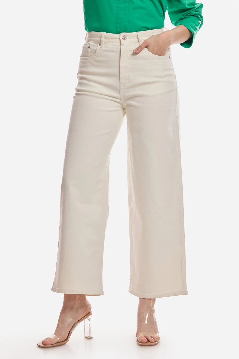 فيرجيو Solid Cotton Wide Leg Mid Rise Denims for Women