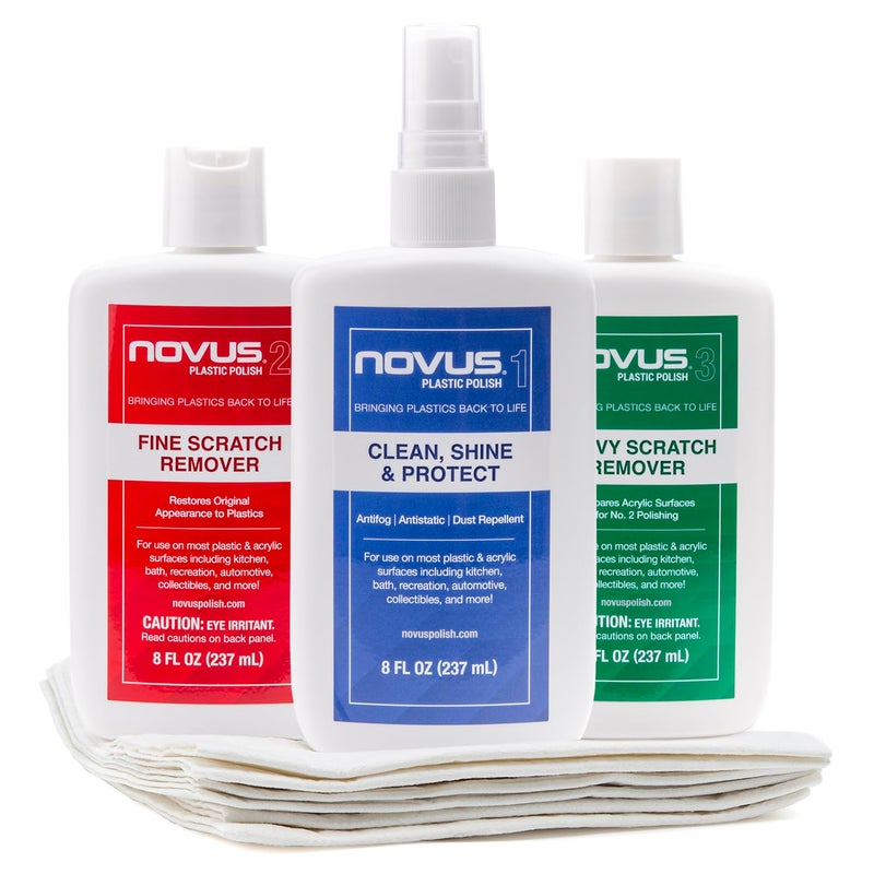 NOVUS نوفوس-بي كي 1-8 أونص-بي إم، تنظيف البلاستيك وتلميعه #1، مزيل الخدوش الدقيقة #2، مزيل الخدوش الثقيلة #3، وحزمة أصدقاء التلميع، زجاجات سعة 8 أونصات - Image 1