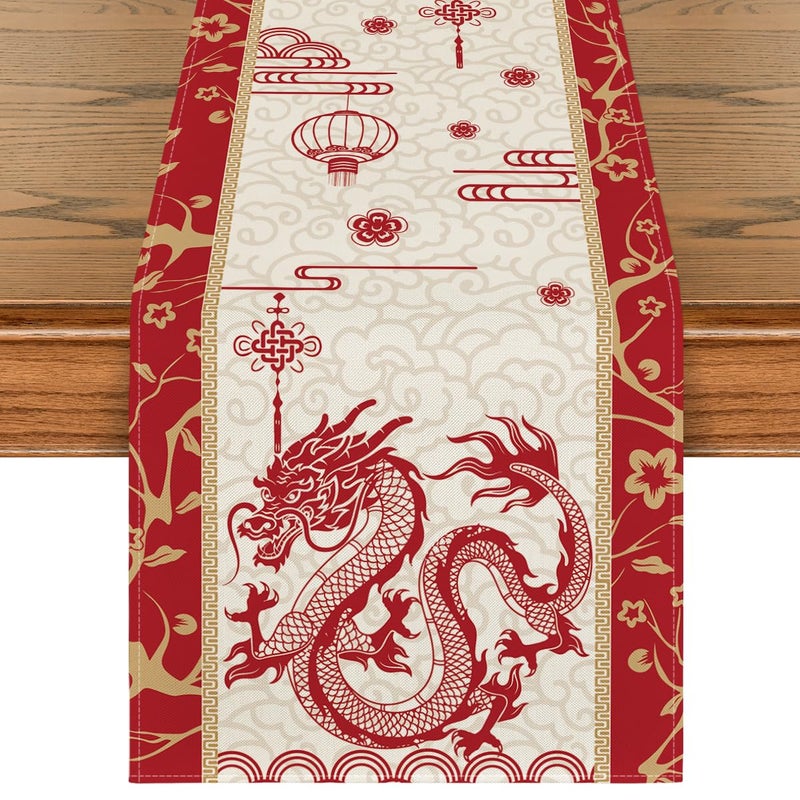 Artoid Mode Chinese Zodiac Dragon Lunar 2025 New Year Table Runner Spring Festival Winter Kitchen Dining Table Decoration for Home Party 13x72 Inch