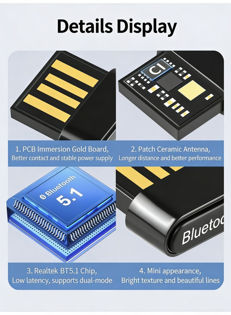 أورييل مستقبل بلوتوث 5.1 عبر منفذ USB، يعمل بنظام التوصيل والتشغيل، متوافق مع أنظمة Windows 11/10/8.1/7، ومناسب للاستخدام مع لوحات المفاتيح/الفئران/سماعات الرأس. - Image 4