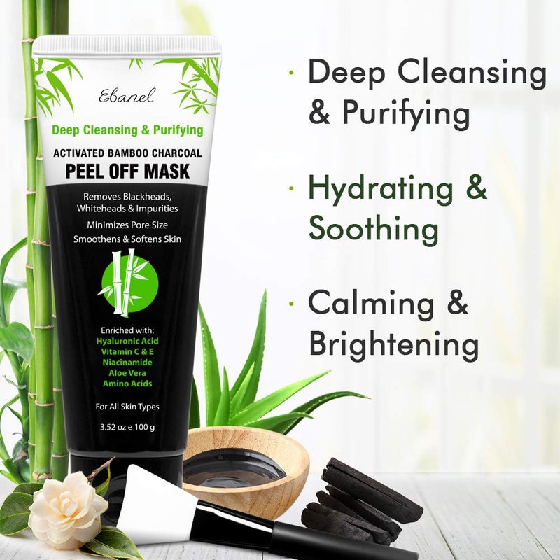 Ebanel Charcoal Peel Off Face Mask Applicator Set, Deep Pore Cleansing Minimizer Blackhead Remover with Niacinamide, Hyaluronic Acid, Vitamin C, Green Tea, Deep Cleanse Black Masks Peel Off Gel Mask - Image 2