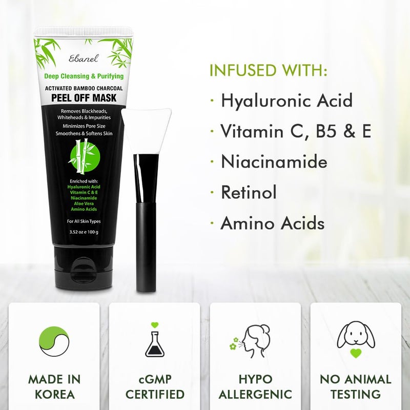 Ebanel Charcoal Peel Off Face Mask Applicator Set, Deep Pore Cleansing Minimizer Blackhead Remover with Niacinamide, Hyaluronic Acid, Vitamin C, Green Tea, Deep Cleanse Black Masks Peel Off Gel Mask - Image 3