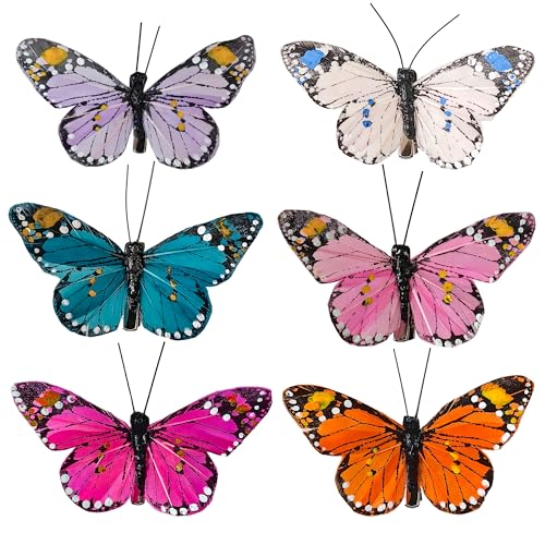 Berfutall- Feather Butterfly Decorations Set of 12 Vibrant Multi Colored Craft Butterflies on Clip .Party Spring Home Decor Floral Pics… - Image 1
