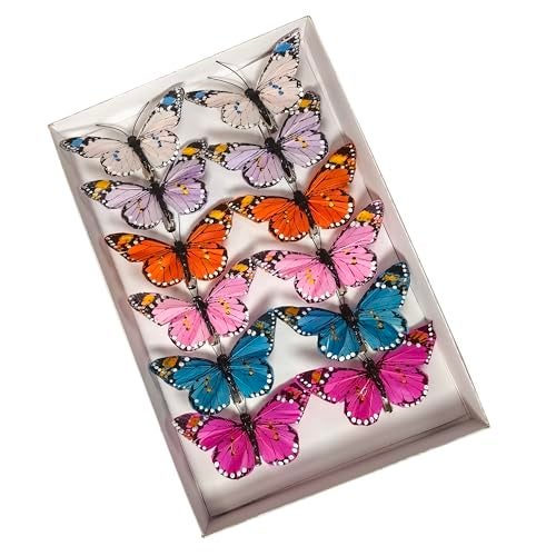 Berfutall- Feather Butterfly Decorations Set of 12 Vibrant Multi Colored Craft Butterflies on Clip .Party Spring Home Decor Floral Pics… - Image 2