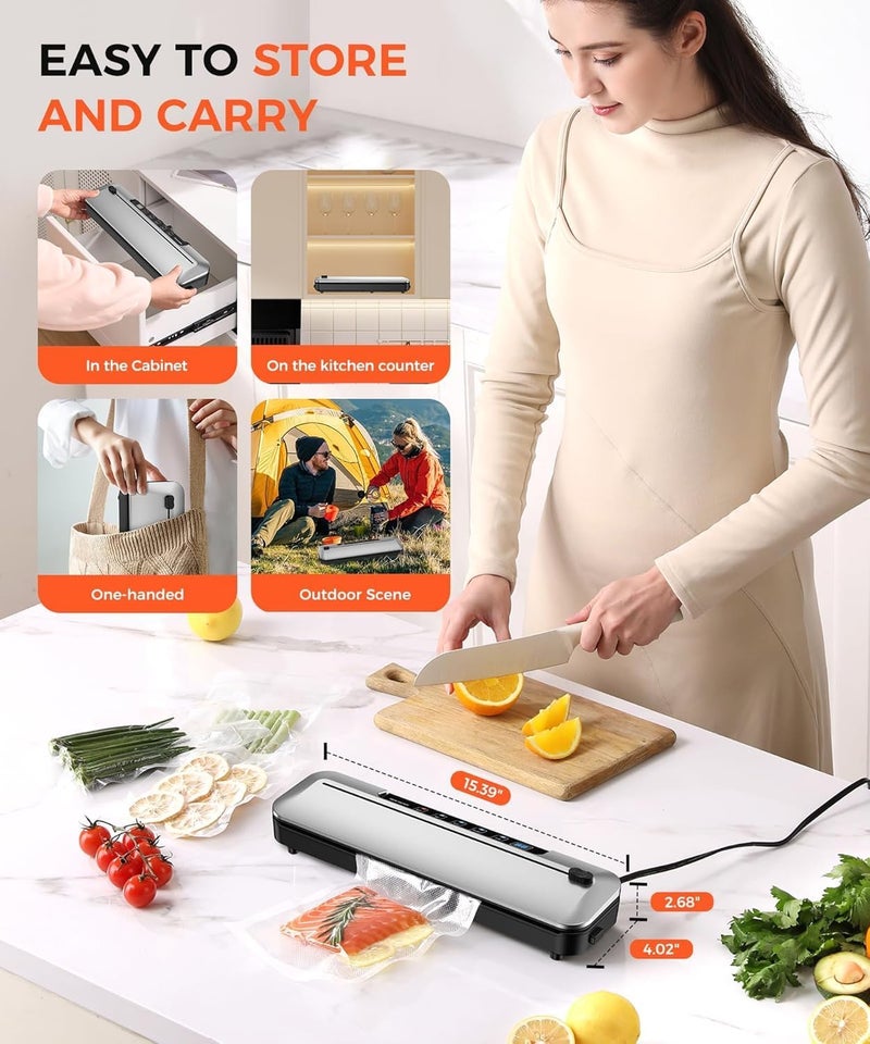 Telfun 75KPa Food Vacuum Sealer,Light 6-in-1 Dry/Moist Modes with Digital Timer,Ft cu Built-in Cutter, Compact Design, Large Includes 10 Bags (Sliver) 14.8 - Image 4