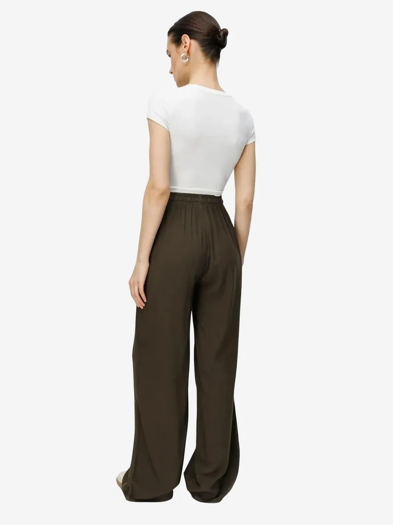 MixRay Khaki Green MIXRAY Mid Waist Straight Leg Cotton Pants with Tie Closure for Women | Best Price UAE