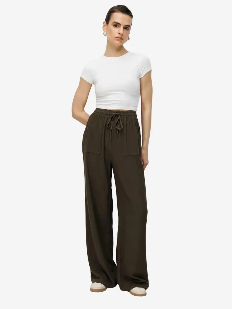 MixRay Khaki Green MIXRAY Mid Waist Straight Leg Cotton Pants with Tie Closure for Women | Best Price UAE