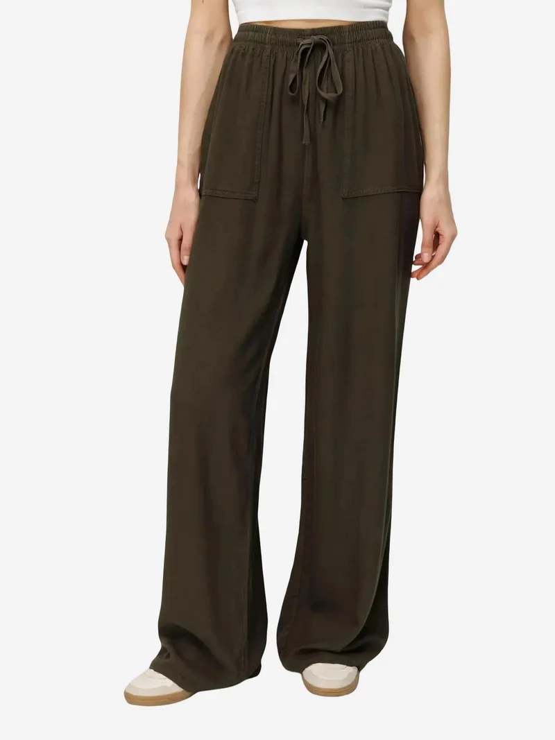 MixRay Khaki Green MIXRAY Mid Waist Straight Leg Cotton Pants with Tie Closure for Women | Best Price UAE