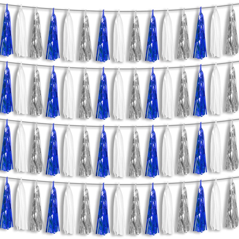 4P NavyBlue WhiteSilver Foil Fringe Metallic Tassel Garland Banner Tassels Banner Streamers for Parade Floats Bachelorette Wedding Birthday Halloween BridalBaby Shower Party Decorations